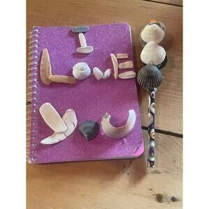 Homemade beautiful sea shell notebook w/ matching pencil. YOUNG entrepreneur!